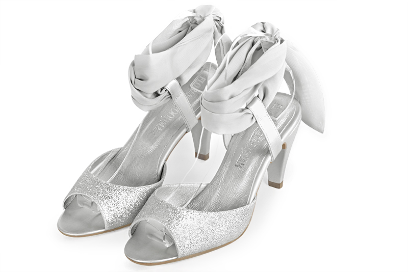Light silver and pearl grey women's open back sandals, with a scarf around the ankle. Round toe. High slim heel. Front view - Florence KOOIJMAN